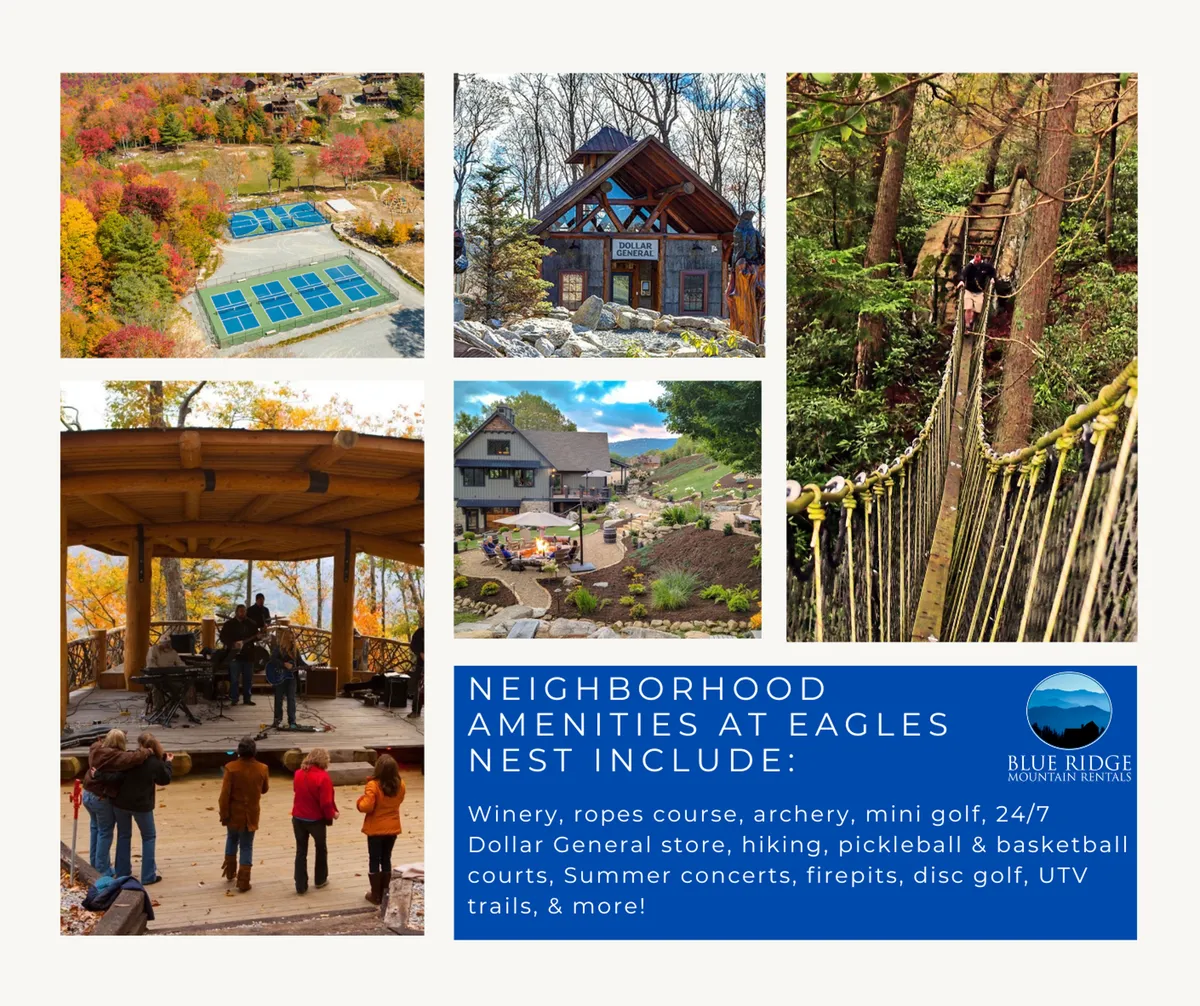 A sweeping view showcasing a vibrant outdoor adventure area, including a ropes course, archery range, mini golf area, winery, hiking trails, a suspension bridge, and luxurious cabins nestled in the mountains. Visible are families engaged in activities, groups picnicking, and the sun setting behind the trees, evoking a sense of fun and outdoor exploration.